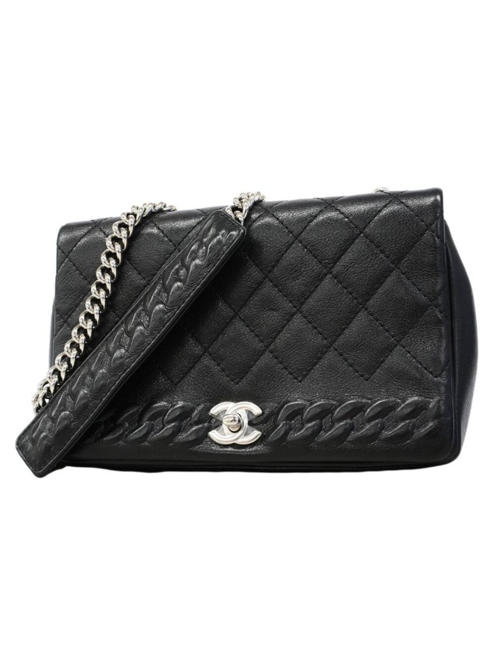 Chanel Shoulder Bag Quilted Leather Black Silver
